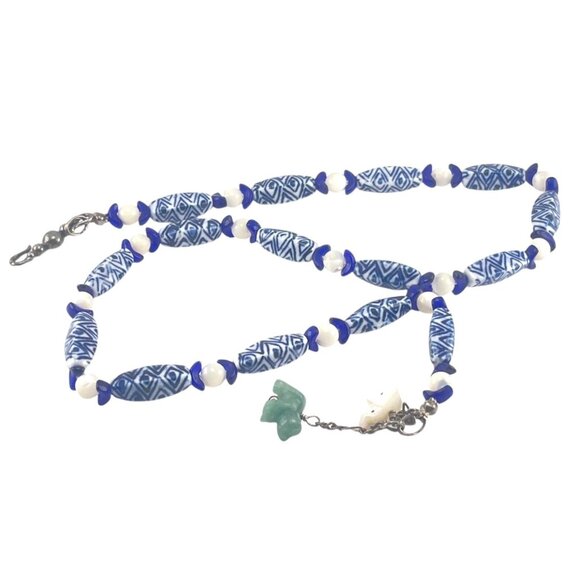 Handcrafted Blue & White Beaded Necklace With Jade Elephant Charm - Picture 1 of 11